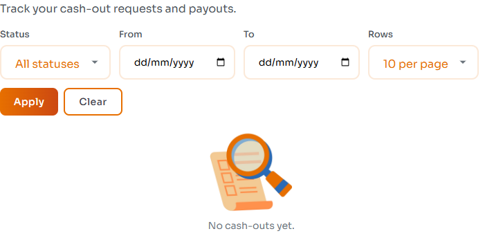 Cash-out history with status and date filters