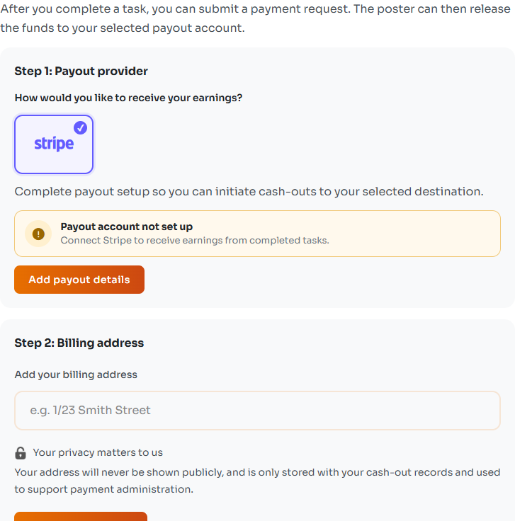 Receive payments settings with payout setup and billing address