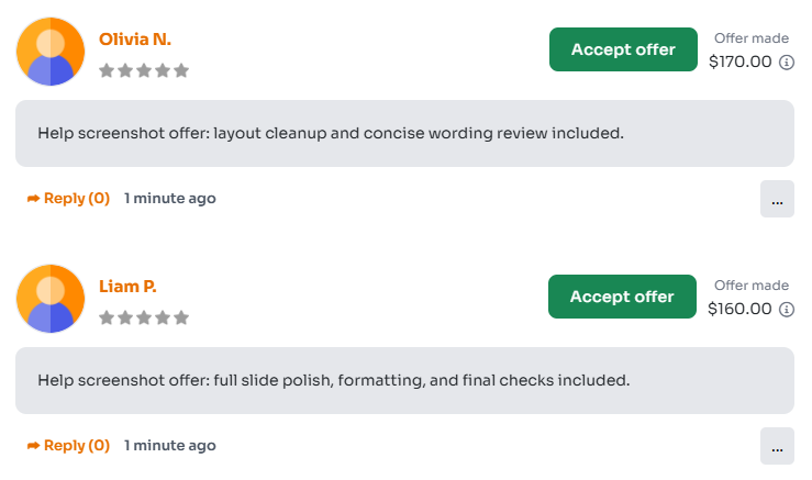 Example offers showing Worker names, messages, prices, and Accept offer buttons
