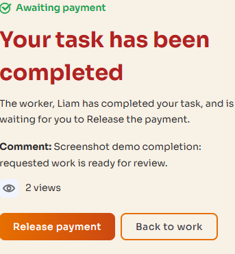 Poster completion controls showing Release payment and Back to work