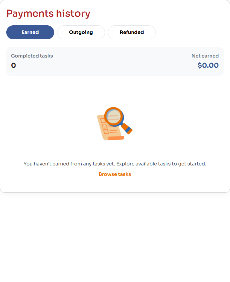 Payments history with Earned, Outgoing, and Refunded tabs