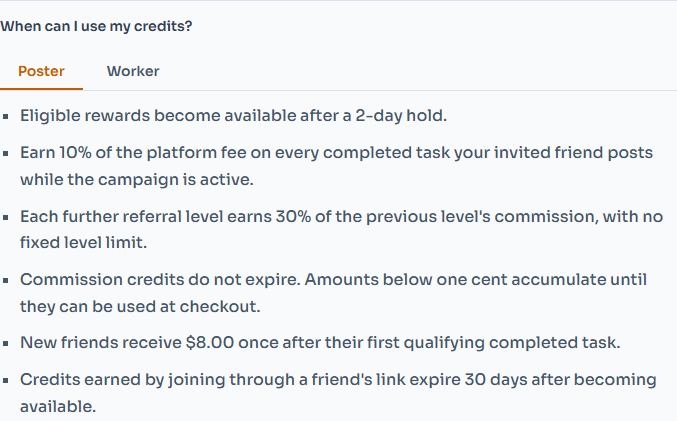 Poster tab showing referral commission, hold, and welcome-credit rules