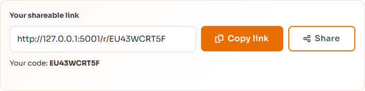 Personal referral link with Copy link and Share buttons