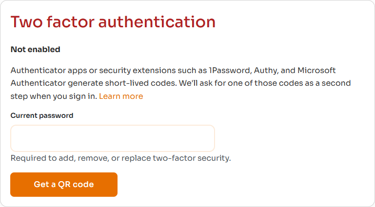 Two-factor settings with current password and Get a QR code button